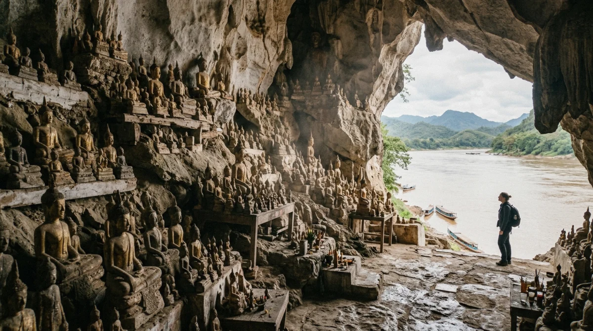 Gilded Buddha images packed on the rock ledges of Pak Ou, the upriver stop on this Kuang Si Falls map, Laos